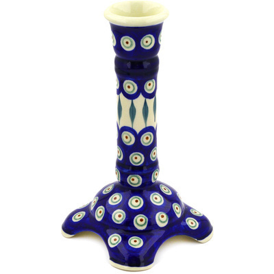 Polish Pottery Candle Holder 8&quot; Peacock Leaves