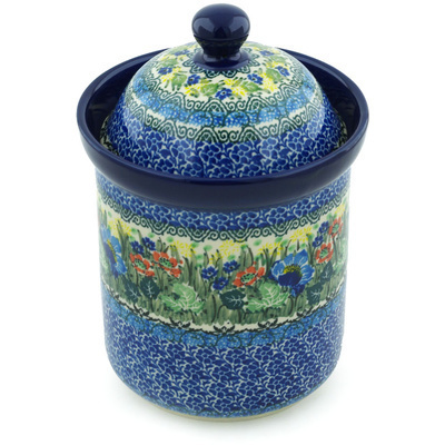 Polish Pottery Canister 8&quot; Blue In The Wreath UNIKAT