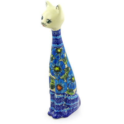 Polish Pottery Cat Figurine 13&quot; Bold Blue Poppies UNIKAT