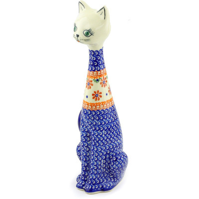 Polish Pottery Cat Figurine 13&quot; Red Daisy
