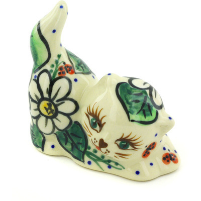 Polish Pottery Cat Figurine 3&quot; Ladybug Garden UNIKAT