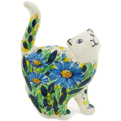 Polish Pottery Cat Figurine 5&quot; Blue Daisy UNIKAT