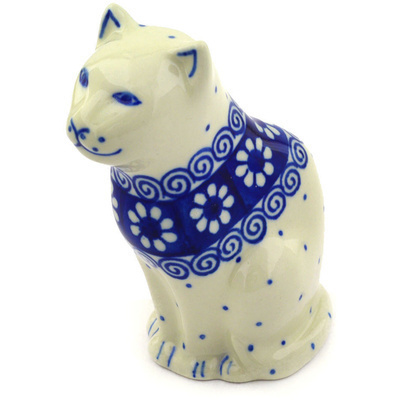 Polish Pottery Cat Figurine 5&quot; Blue Flowers And Lace
