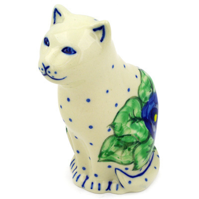 Polish Pottery Cat Figurine 5&quot; Blue Pansies UNIKAT