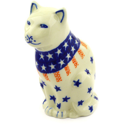 Polish Pottery Cat Figurine 5&quot; Stars And Stripes