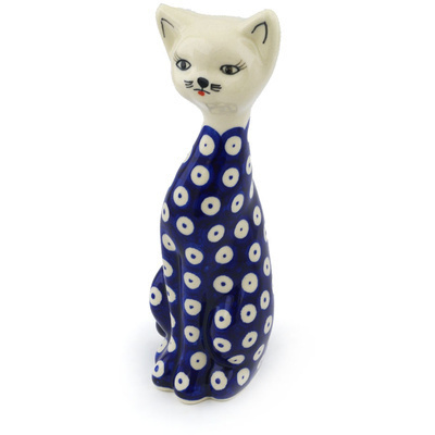 Polish Pottery Cat Figurine 8&quot; Blue Eyed Peacock