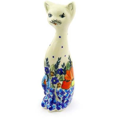 Polish Pottery Cat Figurine 8&quot; Bold Poppies UNIKAT