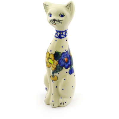 Polish Pottery Cat Figurine 8&quot; Pansy Circle UNIKAT