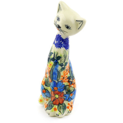 Polish Pottery Cat Figurine 9&quot; Bold Poppies UNIKAT