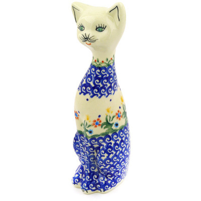 Polish Pottery Cat Figurine 9&quot; Spring Flowers