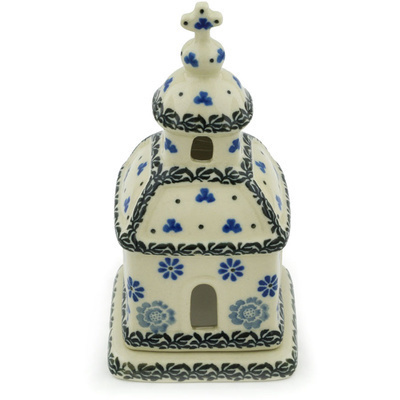 Polish Pottery Chapel Candle Holder 6&quot; Blue Country Field