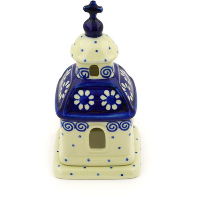 Polish Pottery Chapel Candle Holder 6&quot; Blue Flowers And Lace