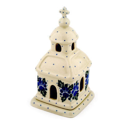 Polish Pottery Chapel Candle Holder 6&quot; Blue Speckle Garland