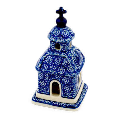 Polish Pottery Chapel Candle Holder 6&quot; Winter Frost