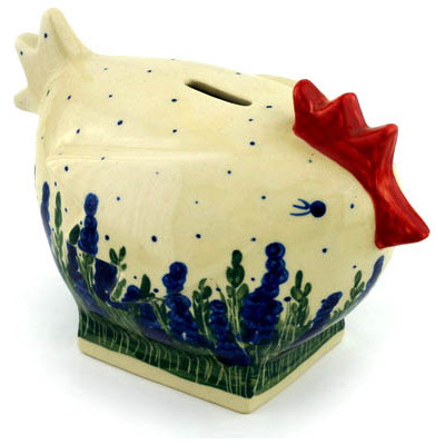 Polish Pottery Chicken Shaped Piggy Bank 7&quot;