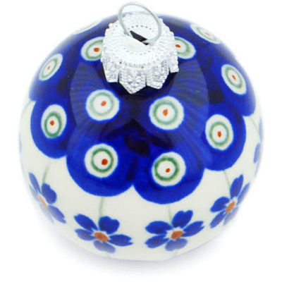 Polish Pottery Christmas Ball Ornament 2&quot; Flowering Peacock