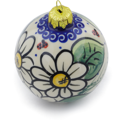 Polish Pottery Christmas Ball Ornament 4&quot; Ladybug Garden UNIKAT