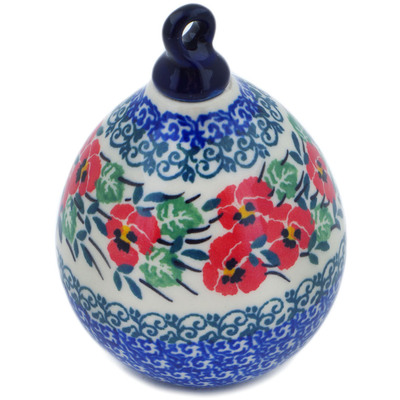 Polish Pottery Christmas Ball Ornament 4&quot; Red Pansy