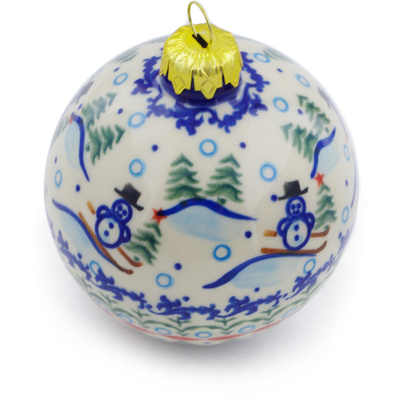 Polish Pottery Christmas Ball Ornament 4&quot; Snowman Winter Wonderland UNIKAT