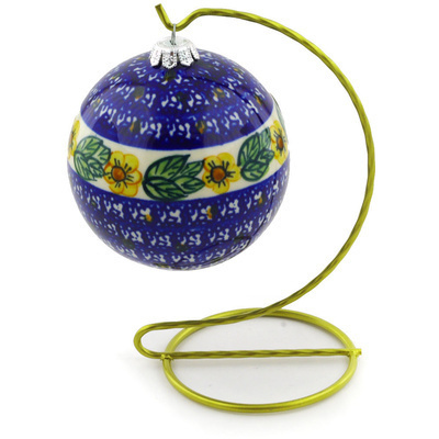 Polish Pottery Christmas Ball with Stand Ornament 7&quot; Country Acres UNIKAT