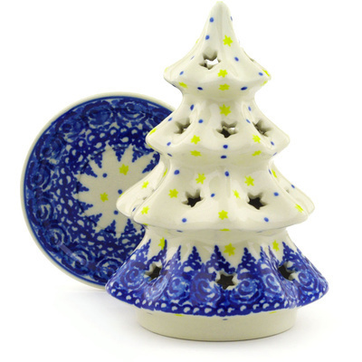 Polish Pottery Christmas Tree Candle Holder 6&quot; Evening Frost
