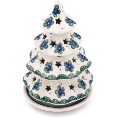 Polish Pottery Christmas Tree Candle Holder 6&quot; Falling Daisies