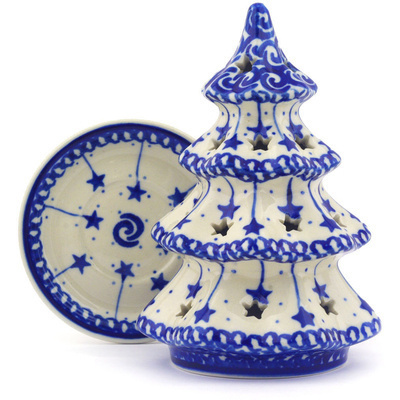 Polish Pottery Christmas Tree Candle Holder 6&quot; Falling Stars