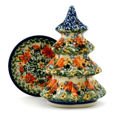 Polish Pottery Christmas Tree Candle Holder 6&quot; Fire Patch UNIKAT