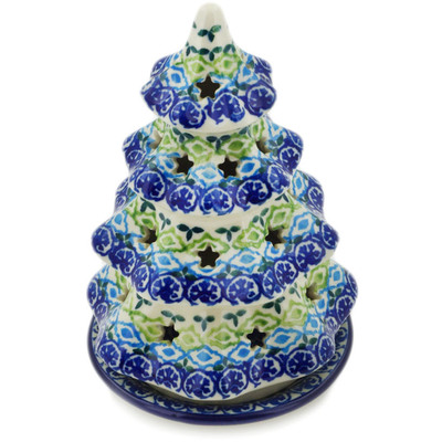 Polish Pottery Christmas Tree Candle Holder 6&quot; Ocean Tulips