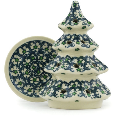 Polish Pottery Christmas Tree Candle Holder 6&quot; Ribbon Daisies