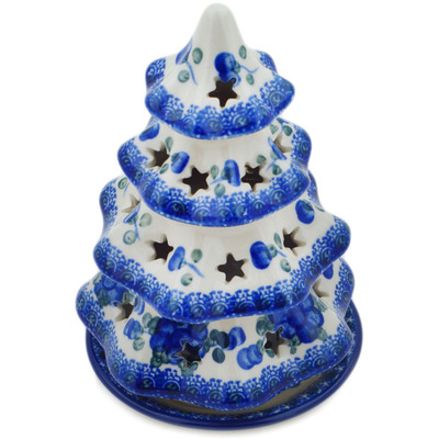 Polish Pottery Christmas Tree Candle Holder 7&quot; Blue Poppies