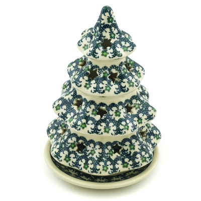 Polish Pottery Christmas Tree Candle Holder 7&quot; Ribbon Daisies