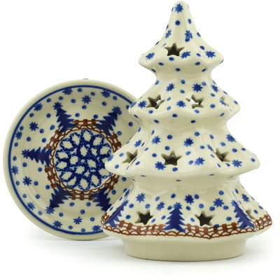 Polish Pottery Christmas Tree Candle Holder 7&quot; Snowy Woods