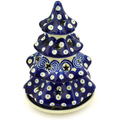 Polish Pottery Christmas Tree Candle Holder 7&quot; Swirling Peacock Eyes
