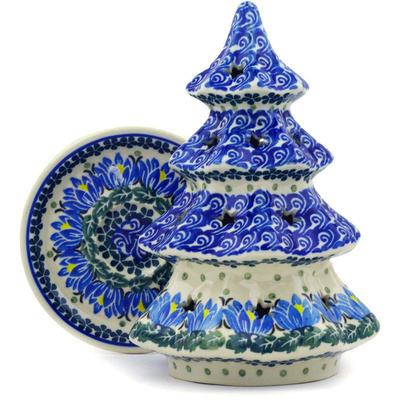 Polish Pottery Christmas Tree Candle Holder 8&quot; Blue Blooms