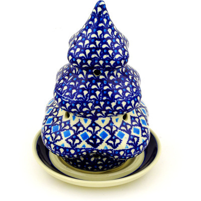 Polish Pottery Christmas Tree Candle Holder 8&quot; Blue Diamond