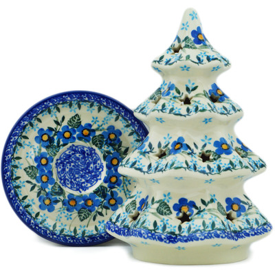 Polish Pottery Christmas Tree Candle Holder 8&quot; Blue Joy