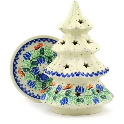 Polish Pottery Christmas Tree Candle Holder 8&quot; Butterfly In The Tulips