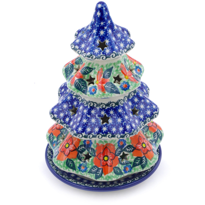 Polish Pottery Christmas Tree Candle Holder 8&quot; Chinoiserie Chic UNIKAT