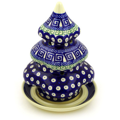 Polish Pottery Christmas Tree Candle Holder 8&quot; Grecian Peacock