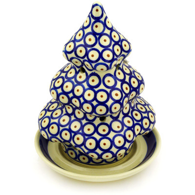 Polish Pottery Christmas Tree Candle Holder 8&quot; Red Eyed Peacock