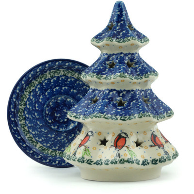 Polish Pottery Christmas Tree Candle Holder 8&quot; Redbird On A Wire