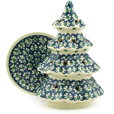 Polish Pottery Christmas Tree Candle Holder 8&quot; Ribbon Daisies