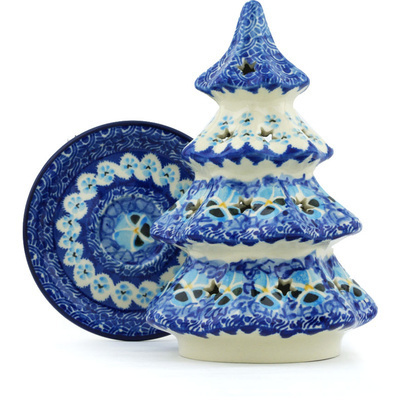 Polish Pottery Christmas Tree Candle Holder 8&quot; Splendid In Blue UNIKAT