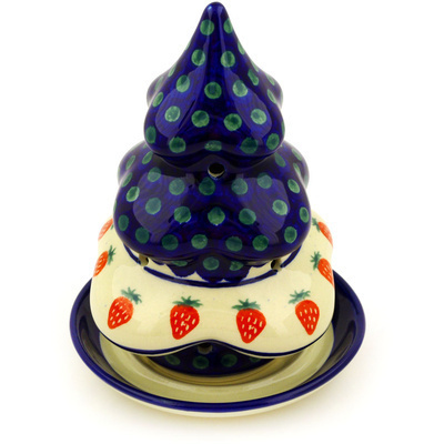 Polish Pottery Christmas Tree Candle Holder 8&quot; Strawberry Peacock