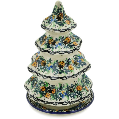 Polish Pottery Christmas Tree Candle Holder 8&quot; Windswept Garden UNIKAT