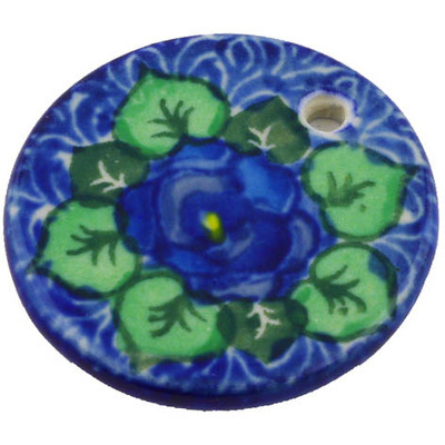 Polish Pottery Circle Pendant 1&quot; Blue Pansies UNIKAT