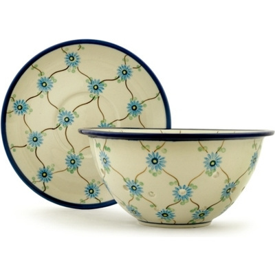 Polish Pottery Colander with Plate 8&quot; Blue Aster Trellis