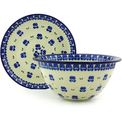 Polish Pottery Colander with Plate 8&quot; Blue Lotus
