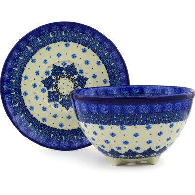 Polish Pottery Colander with Plate 8&quot; Cobalt Daisies